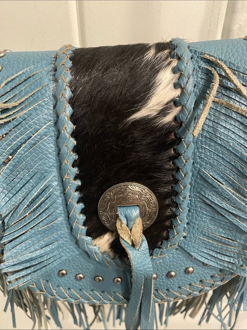 Montana West Teal Fringe Crossbody Bag with Concho and Hair-On Accent